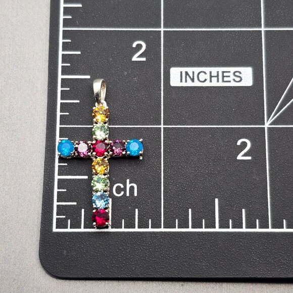 Vintage Sterling Silver Multicolored Rhinestone Crystal Cross Pendant Statement - Picture 6 of 10